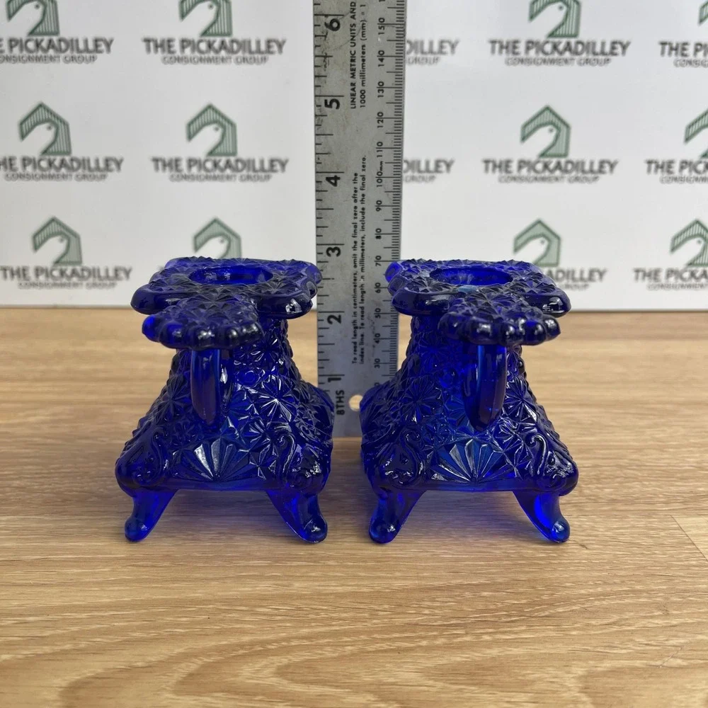 Vintage Cobalt Blue Daisy and Button Glass Candle Holder Pair Finger Loop 3in